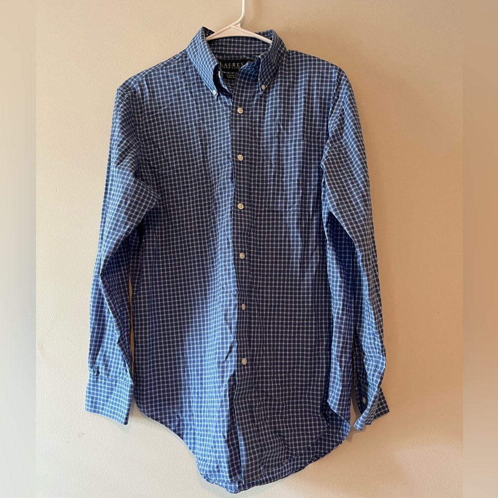 Lauren Ralph Lauren Blue Plaid Non Iron Classic Fit Cotton Casual Shirt size 15